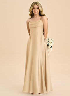 Azazie Bear Junior Vestido de Oro de Satén Elástico de Corte en A con Escote de Corazón image6