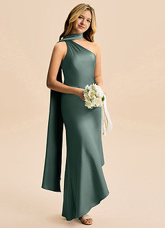 Azazie Briony Junior Vestido Musgo Marinho de Cetim elástico de Bainha com Plissado image4