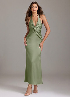 Azazie Valerie Vestidos de damas de honor Vestido Pistacho de Satén Elástico de Corte Sirena con Plisado image1