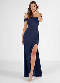 Azazie Kit Bridesmaid Dresses Dark Navy Mermaid Off the Shoulder Mesh Dress image1