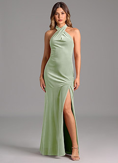 Azazie Drita Robes de demoiselle d'honneur Robe Trapèze en velours Plissée Vert Sauge image4