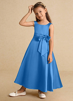 Azazie Lindy Flower Girl Dresses Blue Jay A-Line Pleated Matte Satin Dress image3
