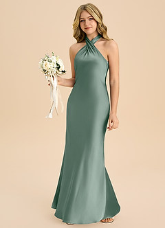 Azazie Chickie Junior Silver Sage Sheath Pleated Stretch Satin Dress image4