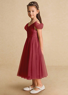 Azazie Lizzette Flower Girl Dresses Pomegranate A-Line Ruched Tulle Dress image3