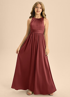 Azazie Jaylah Junior Terracotta A-Line Pleated Stretch Satin Dress image4