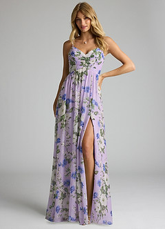 Azazie Alia Robes de demoiselle d'honneur Robe Trapèze en Mousseline de soie Plissée Lilas Floral image1