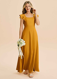 Azazie Bondi Junior Vestido Caramelo de Cetim elástico de Linha A com Fenda Lateral image4