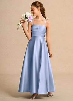 Azazie Pebbles Junior Formal vestidos de niña de las flores Vestido de Hielo de Satin Mate de Corte En A con Plisado image4