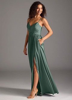 Azazie Alia 신부 들러리 드레스 A라인 주름진 스트레치 새틴 바닥 길이 드레스 image6