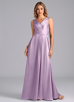 Azazie Karina Bridesmaid Dresses Frosted Lilac A-Line Pleated Stretch Satin Dress image4