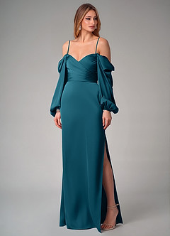 Azazie Sonata Bridesmaid Dresses Ink Blue Sheath Long Sleeve Stretch Satin Convertible Dress image7