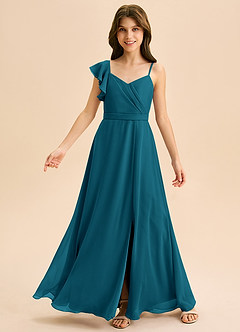 Azazie Kelsea Junior Vestido de Azul Tinta de Gasa de Corte en A con Volante image6