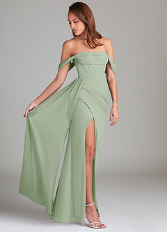 Azazie Amyra Bridesmaid Dresses Dusty Sage Sheath Off the Shoulder Chiffon Convertible Dress image2