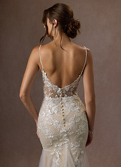 Azazie Leonie Vestidos de novia Vestido de Blanco Diamante Champán de Tul de Corte Sirena con Lentejuelas Cuello V image14