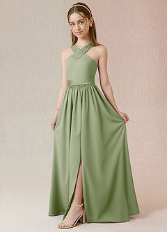 Azazie Jiya Junior Dusty Sage A-Line Pleated Stretch Satin Dress image1