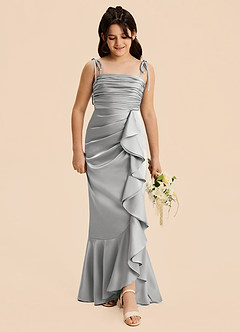 Azazie Ryan Junior Vestido de Plata de Satén Elástico de Corte Recto con Lazo image7