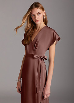 Azazie Nico Bridesmaid Dresses Espresso A-Line V-Neck Stretch Satin Dress image6