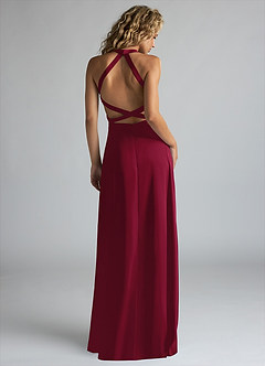 Azazie Clarice Bridesmaid Dresses Burgundy A-Line High Neck Stretch Satin Dress image3