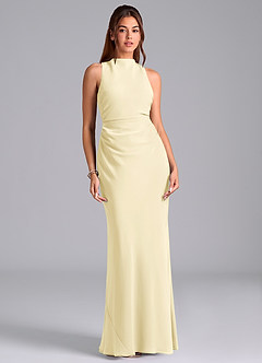 Azazie Evadne Bridesmaid Dresses Lemon Sorbet Sheath Pleated Chiffon Dress image3