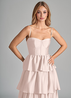 Azazie Faye Bridesmaid Dresses Blushing Pink A-Line Ruched Stretch Satin Dress image2