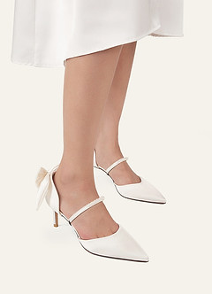 front Satin Pearl and Bow Pumps