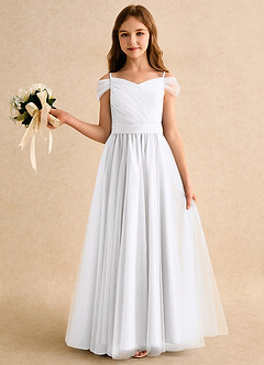 Azazie Yuna Junior Formal Abiti da Ragazza di Fiori Abito A-Line in Tulle a Spalla Scoperta Bianco image3