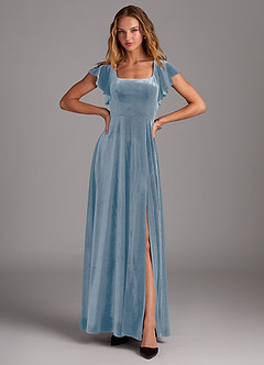 Azazie Bondi Bridesmaid Dresses Dusty Blue A-Line Side Slit Velvet Dress image4