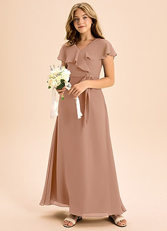 Azazie Lainey Junior Abito A-Line in Chiffon Con Tasche Champagne Rosa image6