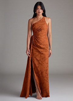 Azazie Mika Bridesmaid Dresses Burnt Orange Sheath One Shoulder Floral Burnout Dress image1