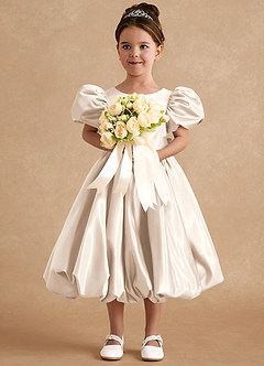 Azazie Jellybean Flower Girl Dresses White Alabaster Ball-Gown Ruched Matte Satin Dress image3