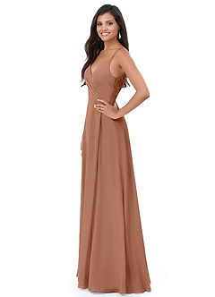 Azazie Lennon Abiti da Damigella Abito A-Line in Chiffon Pizzo Bronzo image4