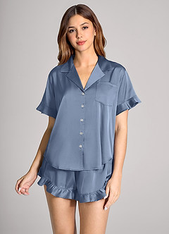 front Matching Color Ruffled Short Sleeve Pajama Set