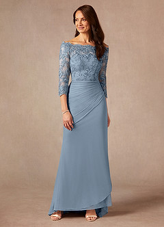 Azazie Rhonda Mother of the Bride Dresses Dusty Blue Mermaid Off the Shoulder Mesh Dress image1