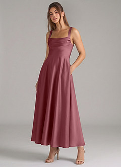 Azazie Shaude Bridesmaid Dresses Desert Rose A-Line Pleated Stretch Satin Dress image5