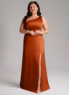 Azazie Phaedra Vestidos de damas de honor Vestido de Naranja Quemada de Satén Elástico de Corte en A con Hombro unilateral image13