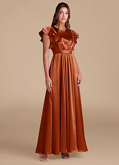 Azazie Daphne Modest Bridesmaid Dresses A-Line Ruched Metallic Satin Floor-Length Dress image4