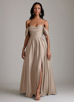 Azazie Loisa Bridesmaid Dresses Taupe A-Line Off the Shoulder Stretch Satin Dress image7
