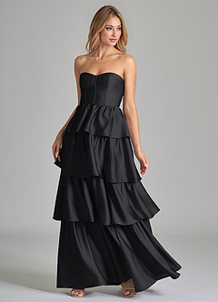 Azazie Faye Bridesmaid Dresses Black A-Line Ruched Stretch Satin Dress image6