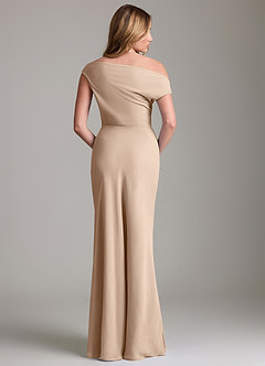 Azazie Emerson Bridesmaid Dresses Taupe Sheath Off the Shoulder Chiffon Dress image4