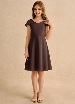 Azazie Narin Girls Formal Flower Girl Dresses Ganache A-Line with Sleeves Chiffon Dress image4
