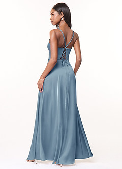 Azazie Maksim Bridesmaid Dresses Dusty Blue A-Line V-Neck Stretch Satin Dress image2