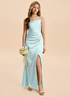 Azazie Minnie Junior Sea Glass A-Line Ruched Stretch Satin Dress image1