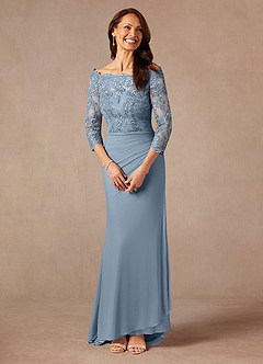 Azazie Rhonda Mother of the Bride Dresses Dusty Blue Mermaid Off the Shoulder Mesh Dress image5