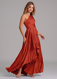 Azazie Lyrica Bridesmaid Dresses Rust A-Line One Shoulder Stretch Satin Dress image2