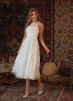 Azazie Azul Wedding Dresses A-Line Sweetheart Lace Tulle Tea-Length Dress image3