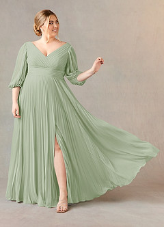 Azazie Zahara vestidos de madre de la novia Vestido de Salvia Polvorienta de Gasa de Corte En A con Cuello en V plisado image7