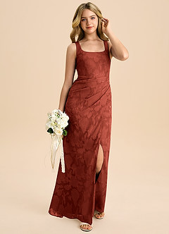 Azazie Mero Junior Jurk van Bloemen Burn-out met Kolom Geplooid Terracotta image1