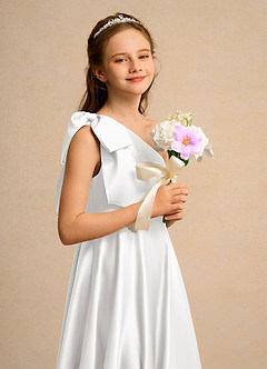 Azazie Guppy Girls Formal Flower Girl Dresses White A-Line One Shoulder Matte Satin Dress image6