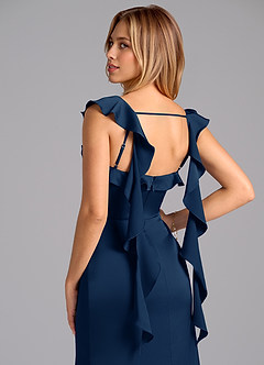 Azazie Adi Bridesmaid Dresses Dark Navy A-Line Pleated Stretch Satin Dress image2