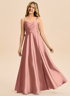 Azazie Rumi Junior Linia A Pofałdowany Satyna elastyczna Długość podłogi Młodsza druhna Sukienka image1